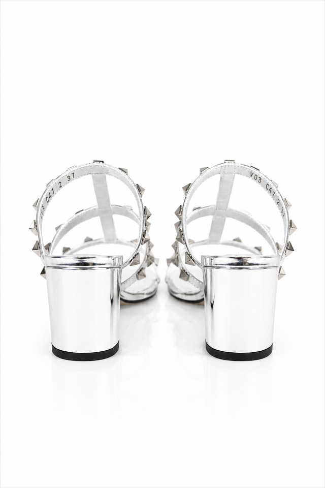 Valentino Garavani Rockstud Metallic Leather Slide Sandals Silver