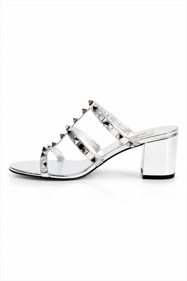 Valentino Garavani Rockstud Metallic Leather Slide Sandals Silver