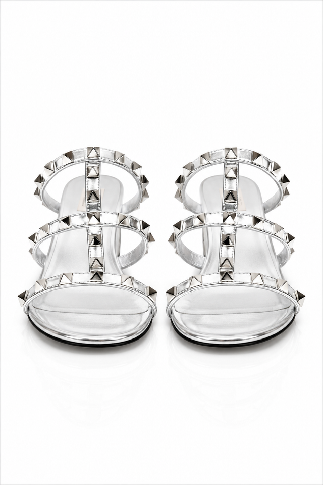 Valentino Garavani Rockstud Metallic Leather Slide Sandals Silver