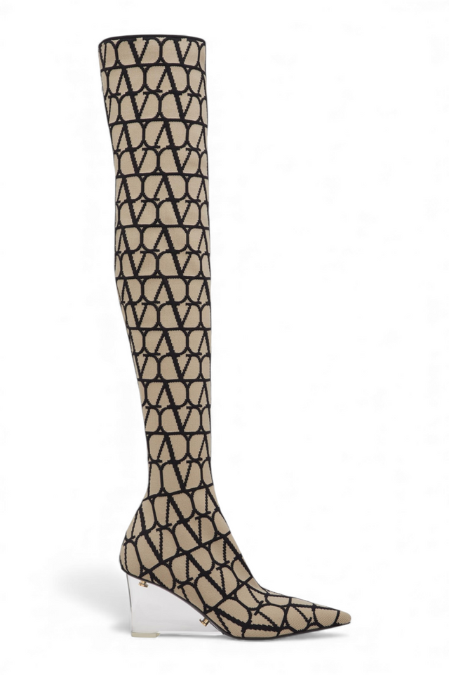 Valentino Garavani VLogo Knit Over-the-Knee Boots — Beige & Black