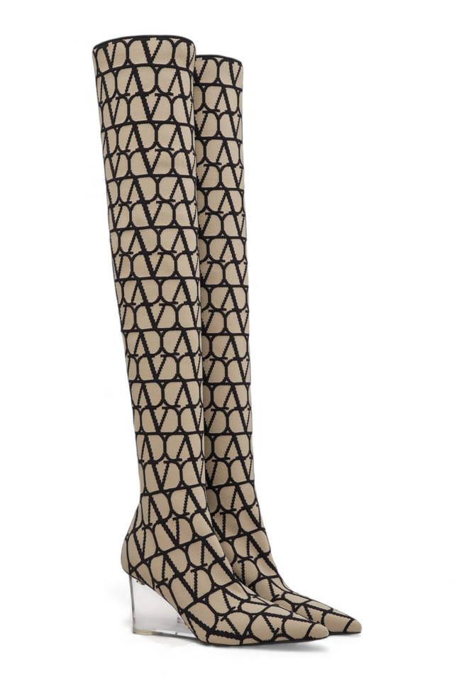 Valentino Garavani VLogo Knit Over-the-Knee Boots — Beige & Black
