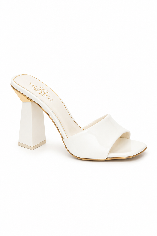 Valentino Garavani Patent Leather Slide Sandals with Sculpted Heel in Ivory