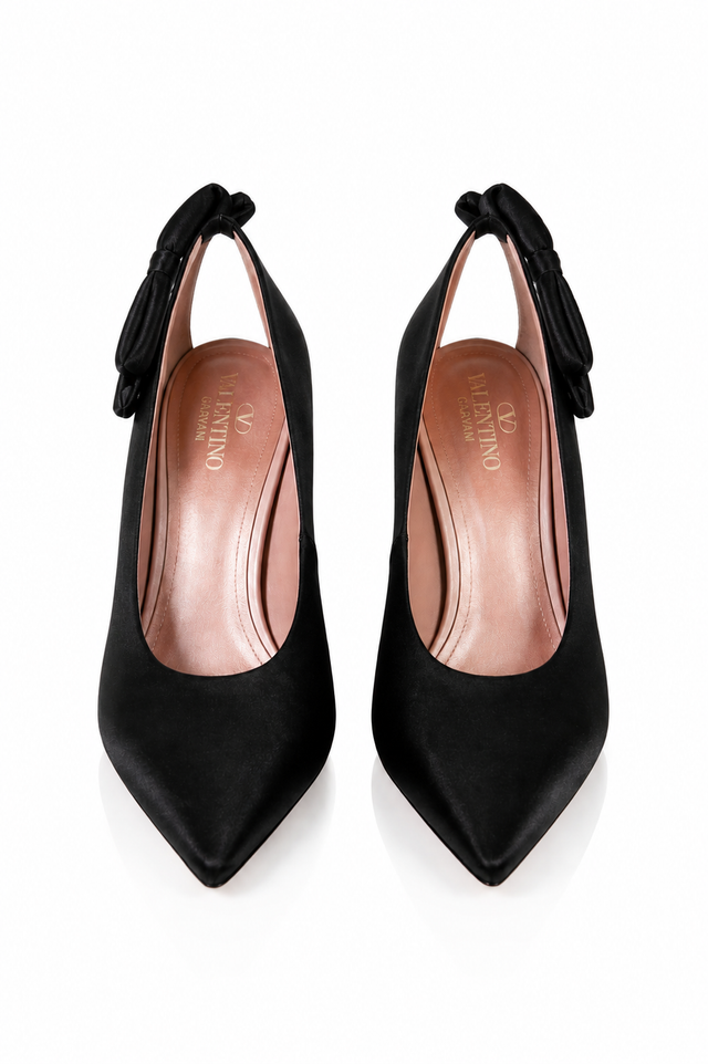 Valentino Garavani Black Satin Bow-Back Pointed Toe Pumps
