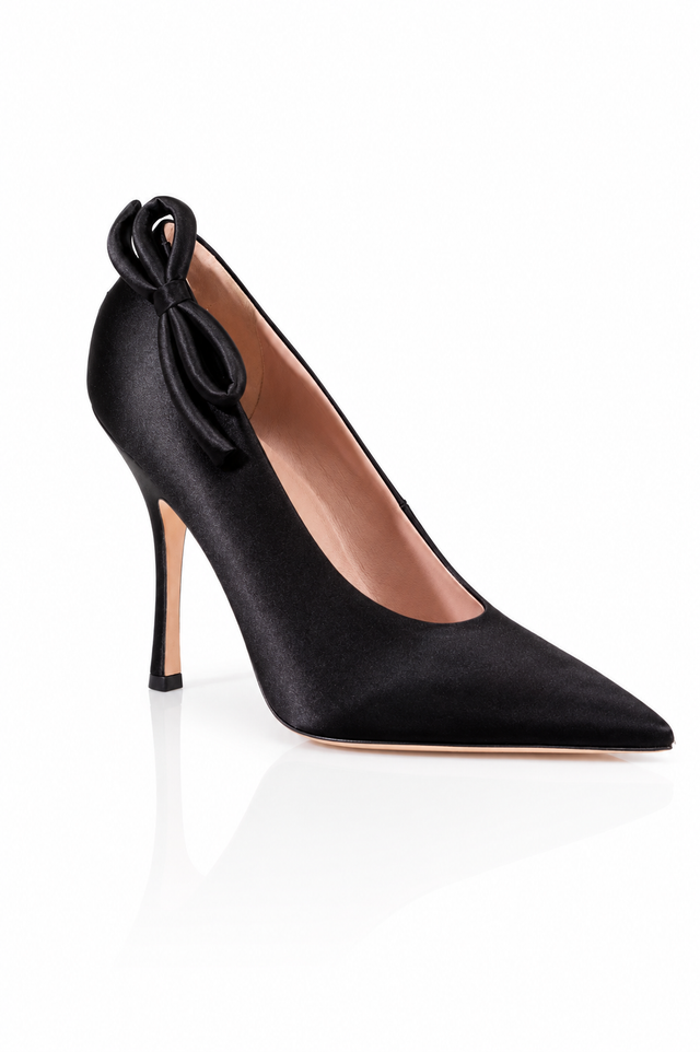 Valentino Garavani Black Satin Bow-Back Pointed Toe Pumps