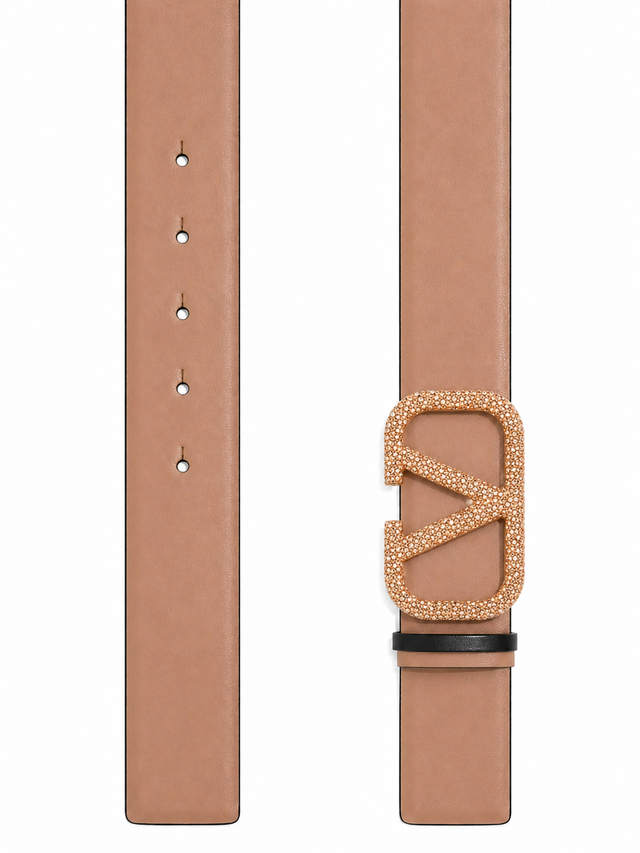 Valentino Garavani VLogo Signature Crystal Reversible Leather Belt 40mm Tan/Black