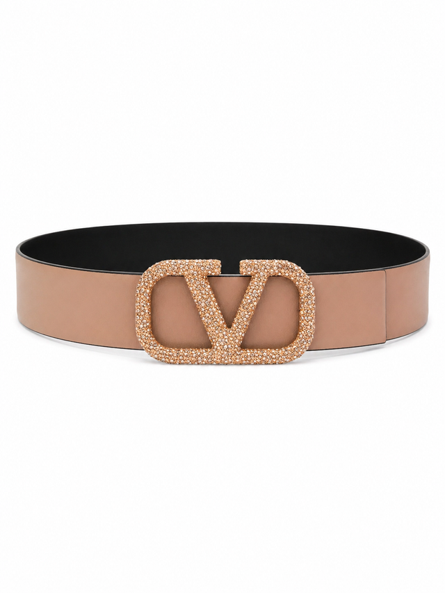 Valentino Garavani VLogo Signature Crystal Reversible Leather Belt 40mm Tan/Black