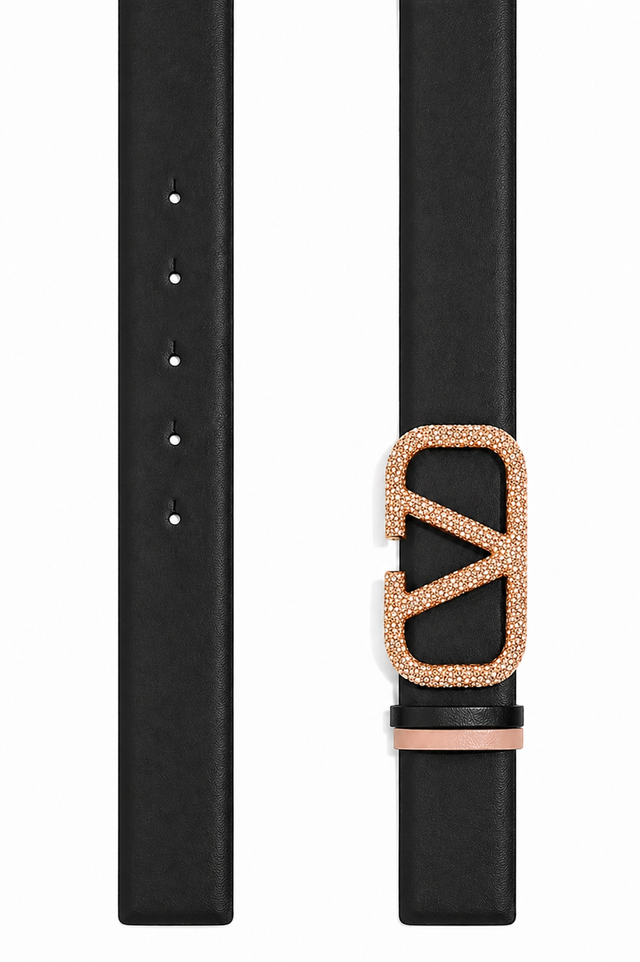 Valentino Garavani VLogo Signature Crystal Reversible Leather Belt 40mm Tan/Black