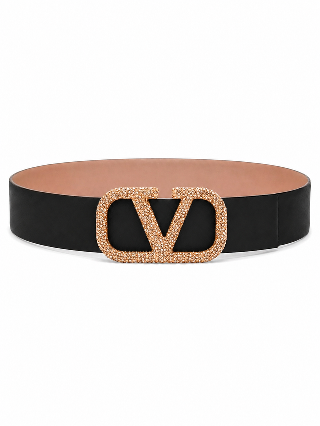 Valentino Garavani VLogo Signature Crystal Reversible Leather Belt 40mm Tan/Black