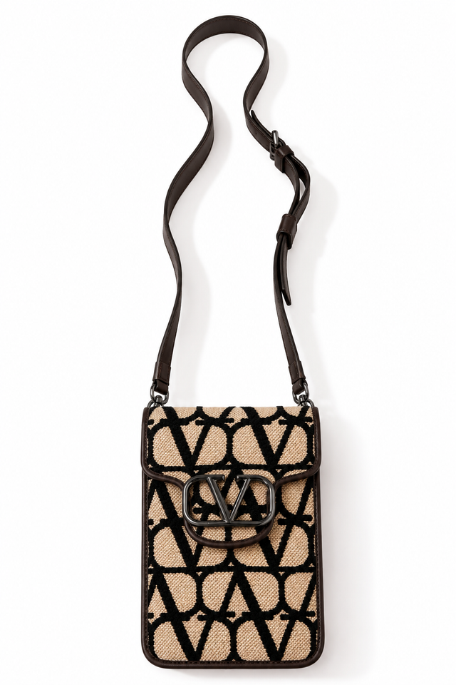 Valentino Garavani Toile Iconographe VLogo Phone Crossbody Pouch – Beige/Black