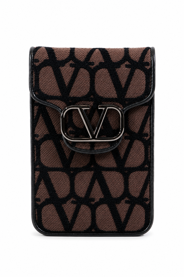 Valentino Garavani Toile Iconographe VLogo Phone Crossbody Pouch in Beige and Black