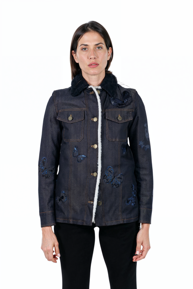 Valentino Embroidered Butterfly Denim Jacket with Shearling Collar