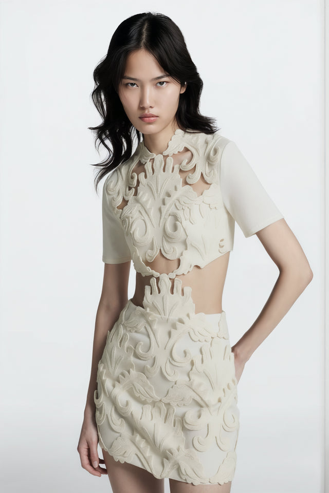 Valentino Ivory Appliqué Cutout Mini Dress