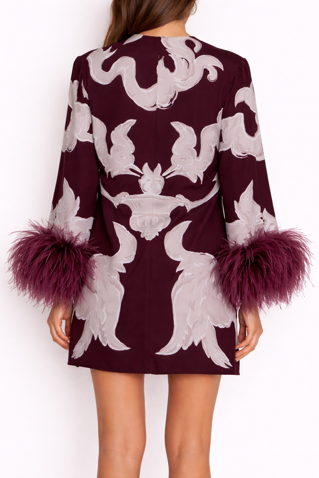 Valentino Feather Cuff Printed Mini Dress – Burgundy