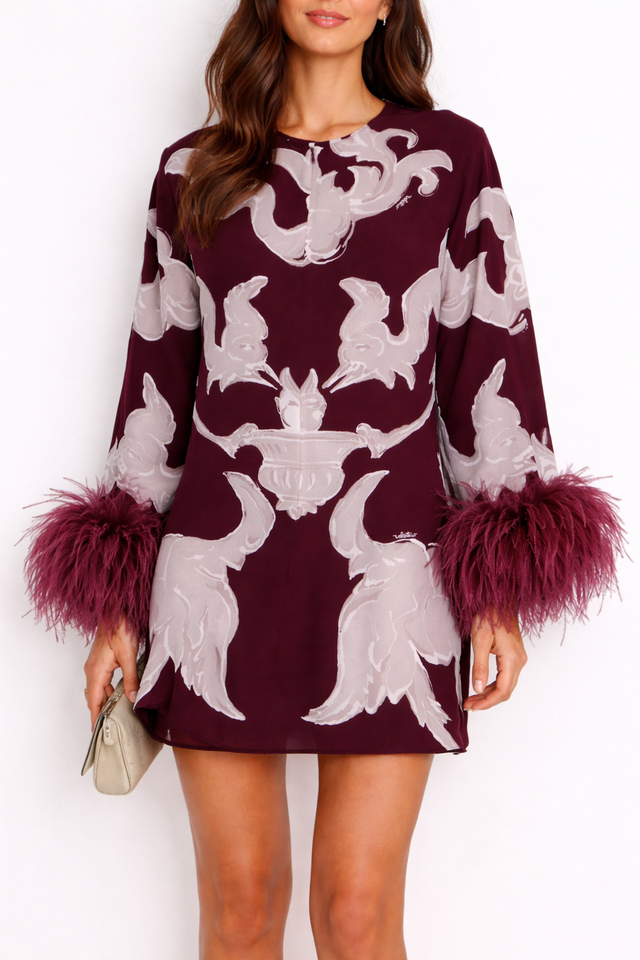 Valentino Feather Cuff Printed Mini Dress – Burgundy