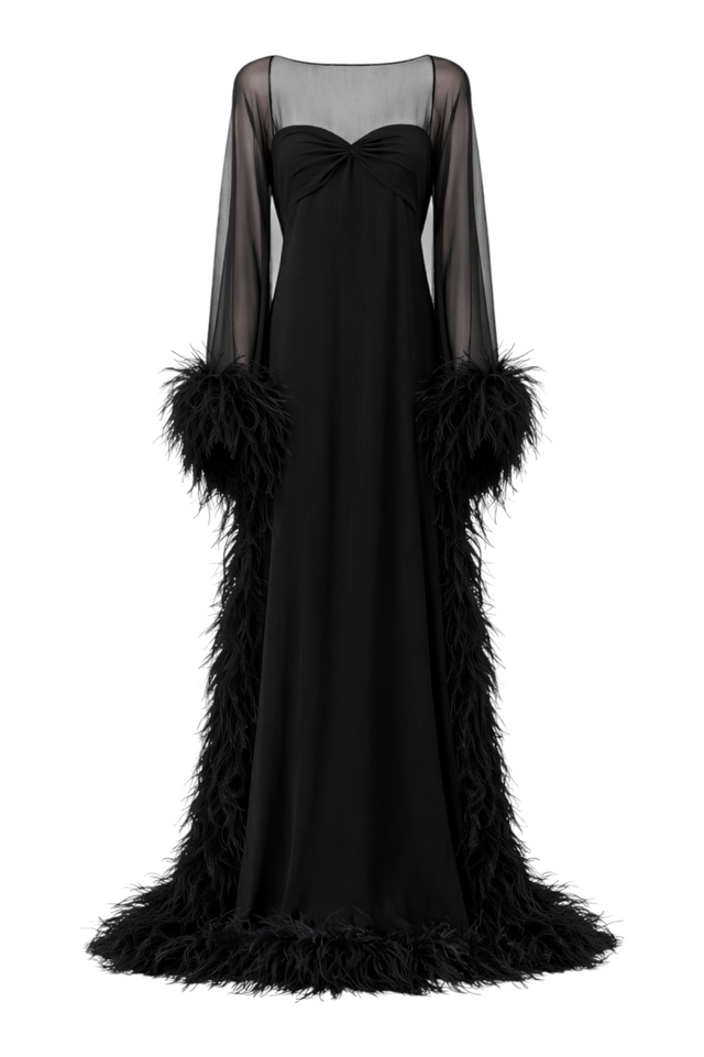 Valentino Black Feather-Trim Sheer Sleeve Evening Gown
