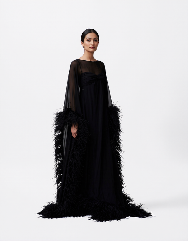 Valentino Black Feather-Trim Sheer Sleeve Evening Gown