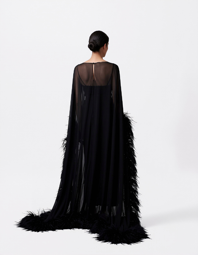 Valentino Black Feather-Trim Sheer Sleeve Evening Gown