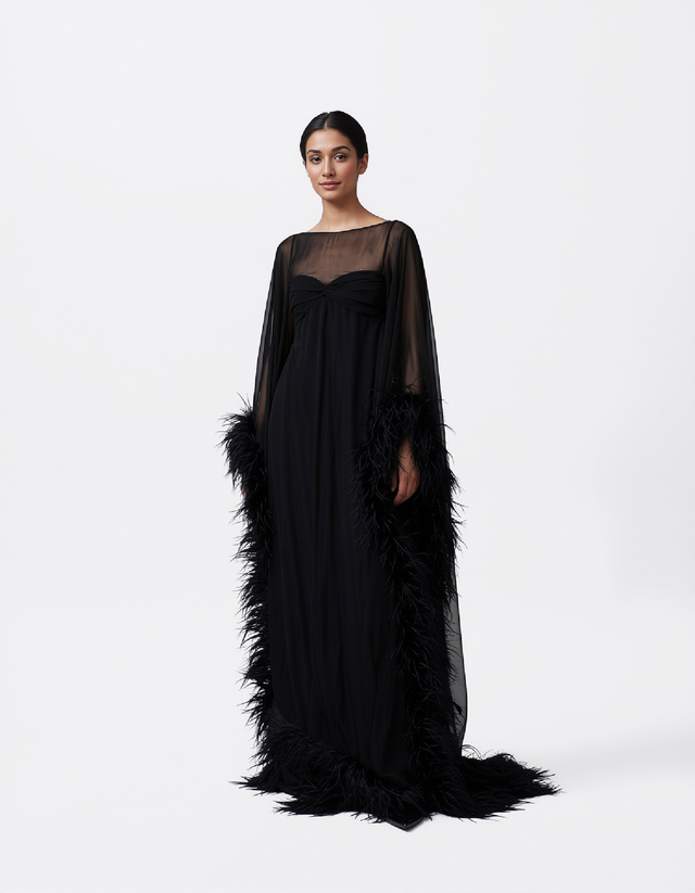 Valentino Black Feather-Trim Sheer Sleeve Evening Gown