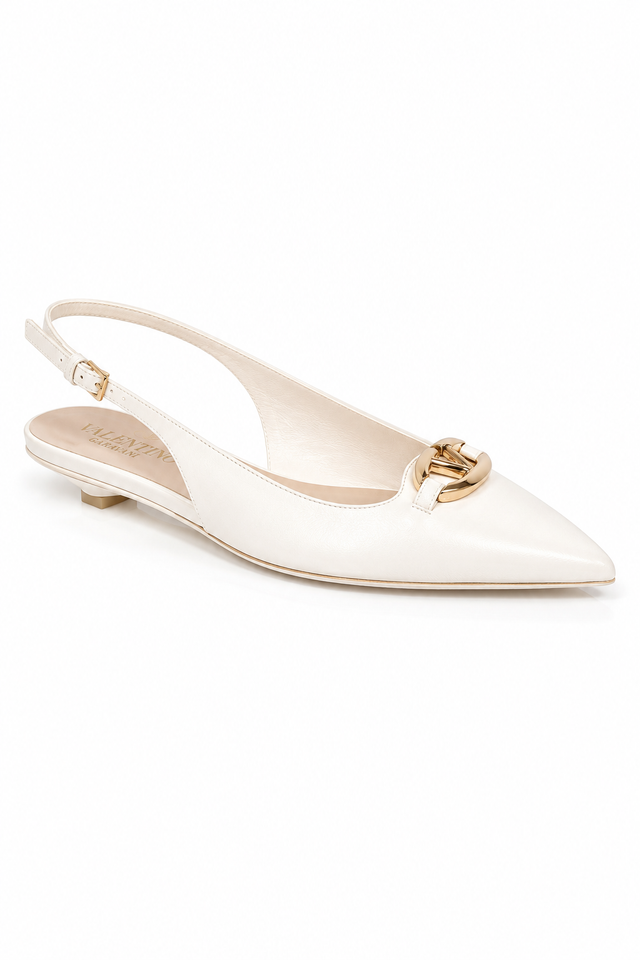 Valentino Garavani VLogo Slingback Flats in Ivory Leather