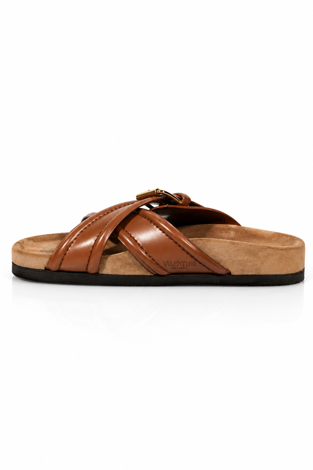 Valentino Garavani Buckled Leather Footbed Slides Cognac