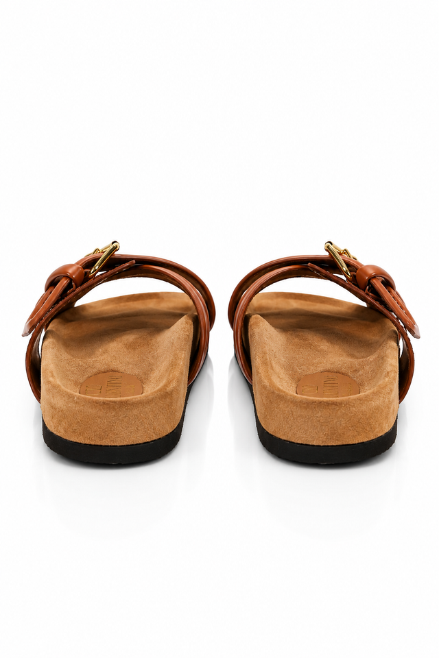 Valentino Garavani Buckled Leather Footbed Slides Cognac