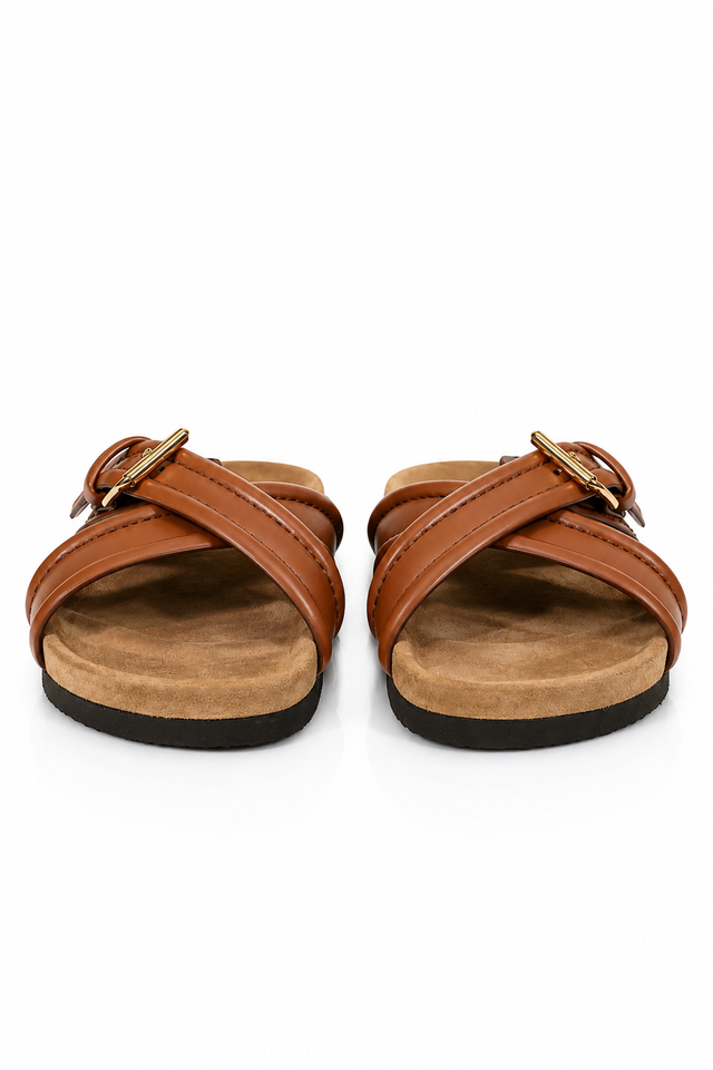 Valentino Garavani Buckled Leather Footbed Slides Cognac