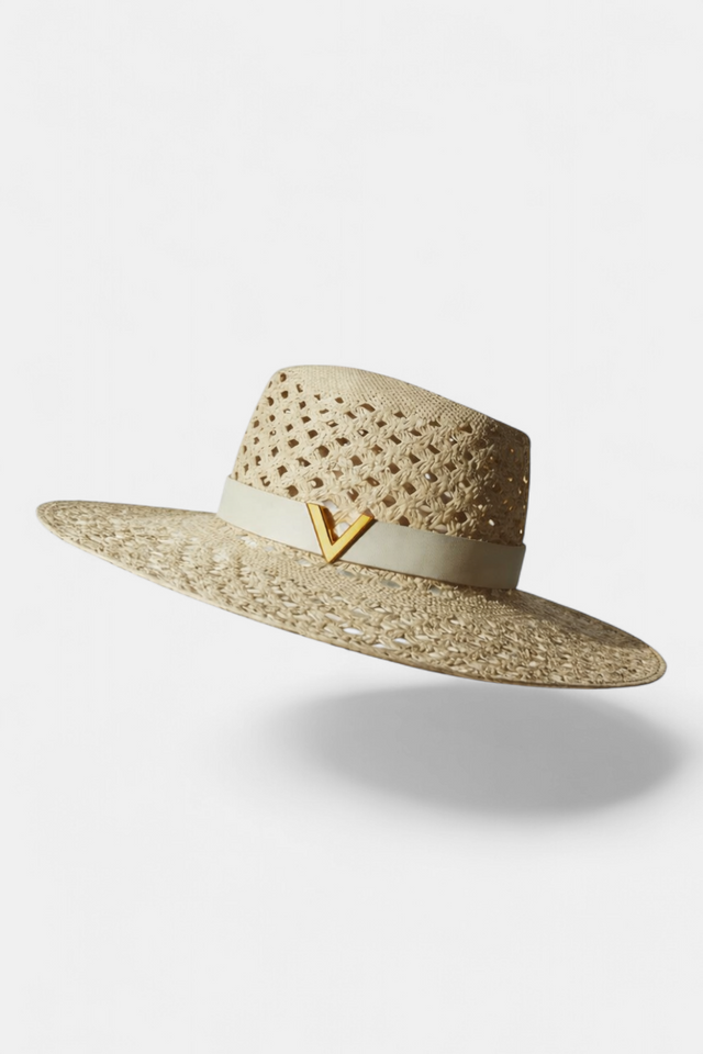 Valentino Garavani VLogo Straw Wide-Brim Hat with Gold V Hardware – Natural