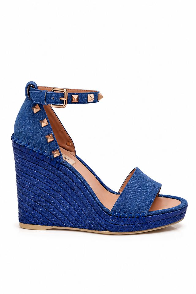 Valentino Garavani Rockstud Wedge Sandals in Blue with Ankle Strap