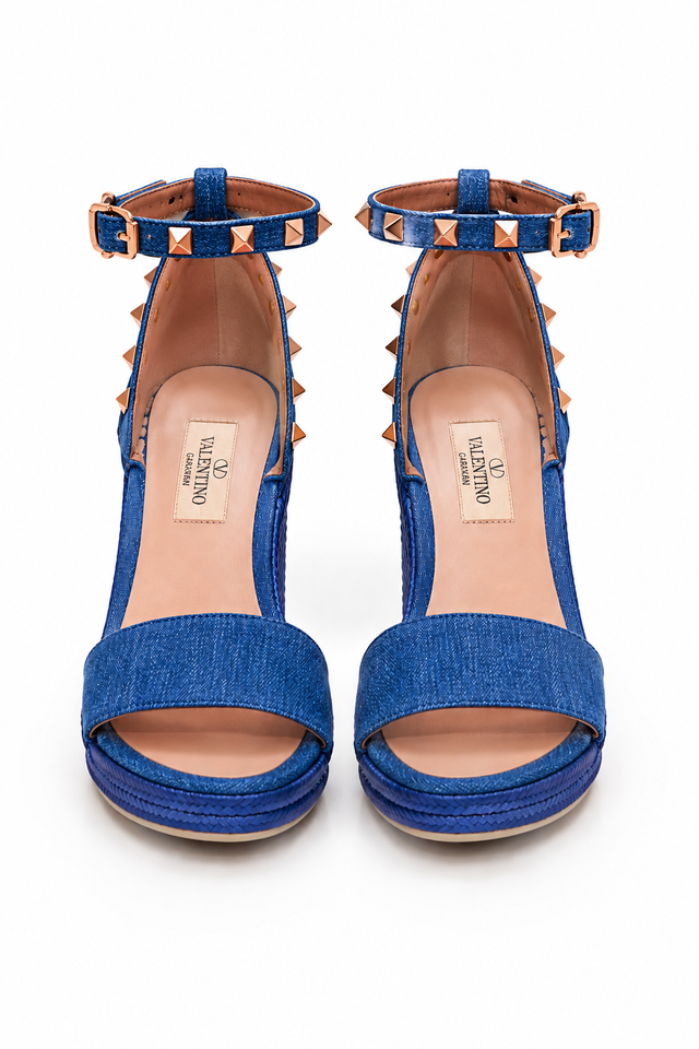 Valentino Garavani Rockstud Wedge Sandals in Blue with Ankle Strap