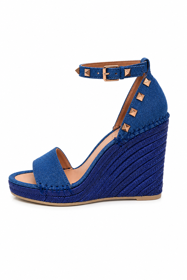 Valentino Garavani Rockstud Wedge Sandals in Blue with Ankle Strap