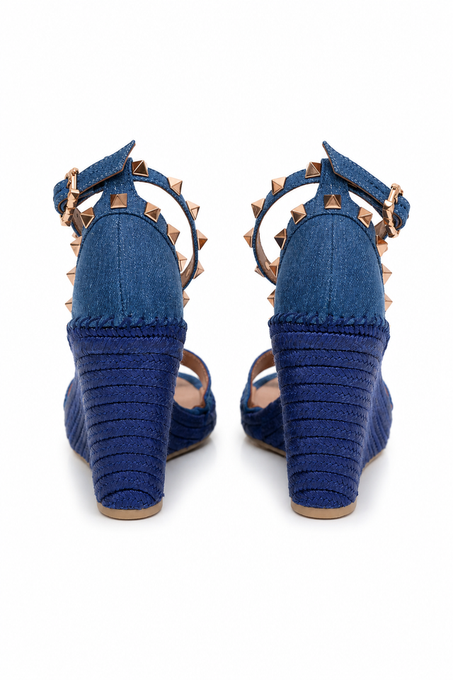 Valentino Garavani Rockstud Wedge Sandals in Blue with Ankle Strap