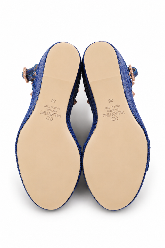Valentino Garavani Rockstud Wedge Sandals in Blue with Ankle Strap