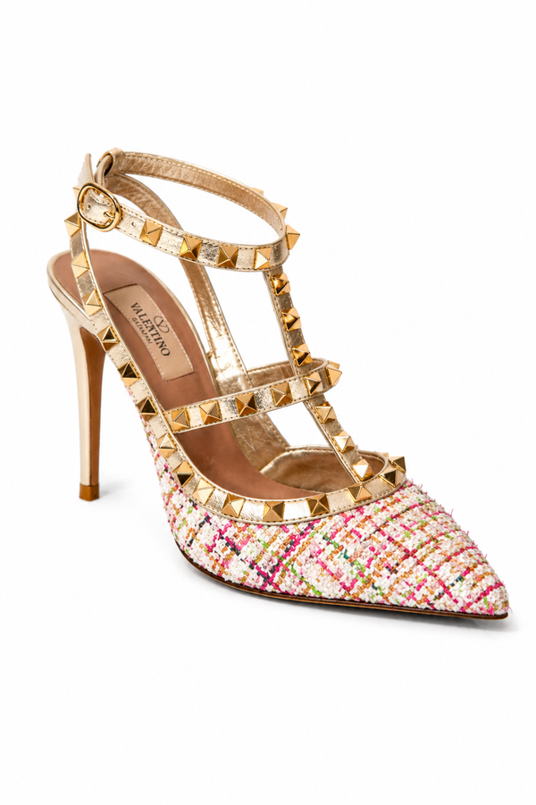 Valentino Garavani Rockstud Tweed Ankle Strap Pumps – Multicolor/Gold