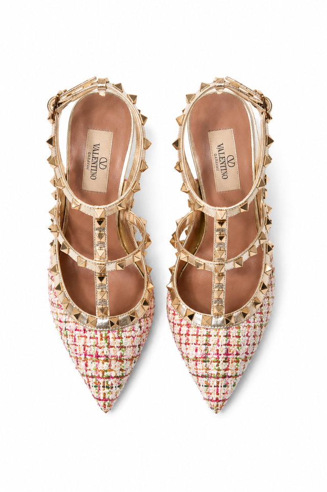 Valentino Garavani Rockstud Tweed Ankle Strap Pumps – Multicolor/Gold