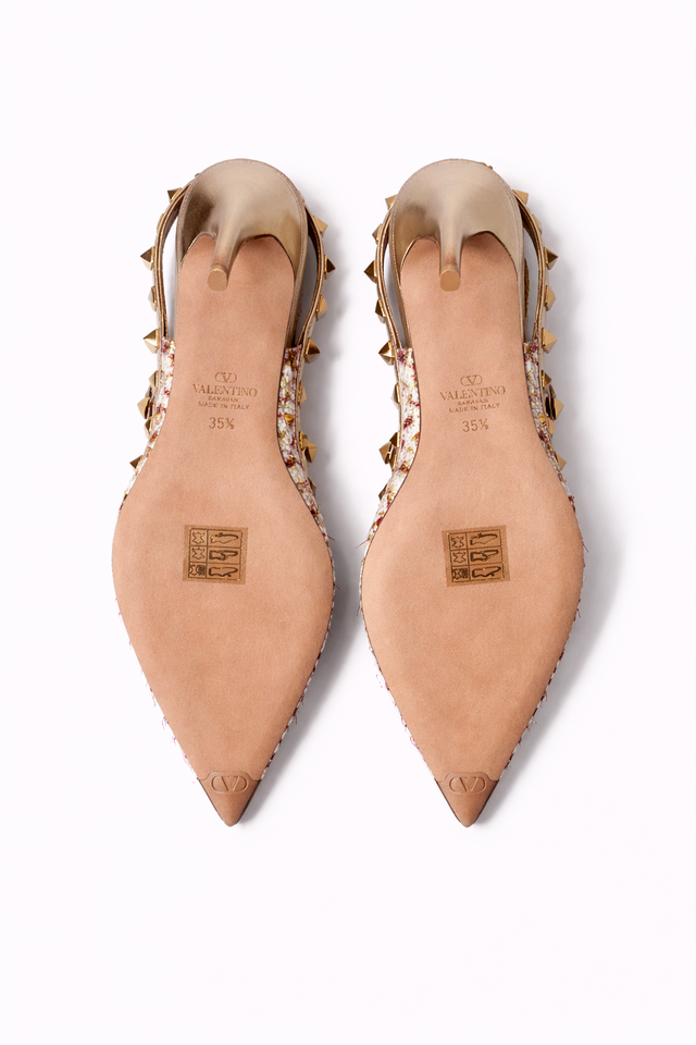 Valentino Garavani Rockstud Tweed Ankle Strap Pumps – Multicolor/Gold
