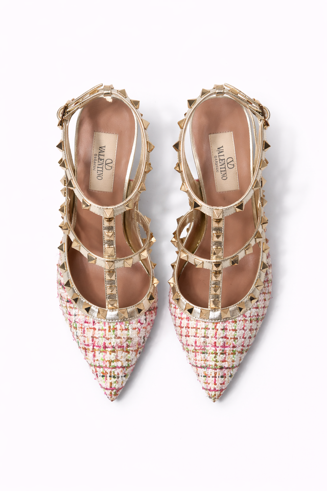 Valentino Garavani Rockstud Tweed Ankle Strap Pumps – Multicolor/Gold