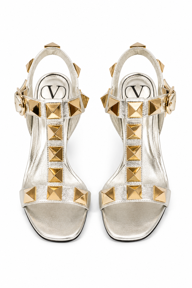 Valentino Garavani Rockstud Metallic Leather Sandals with Block Heel