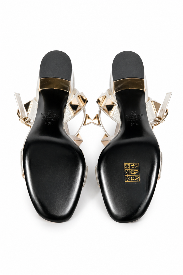 Valentino Garavani Rockstud Metallic Leather Sandals with Block Heel