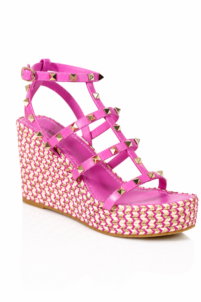 Valentino Garavani Rockstud Wedge Sandals in Pink & Gold