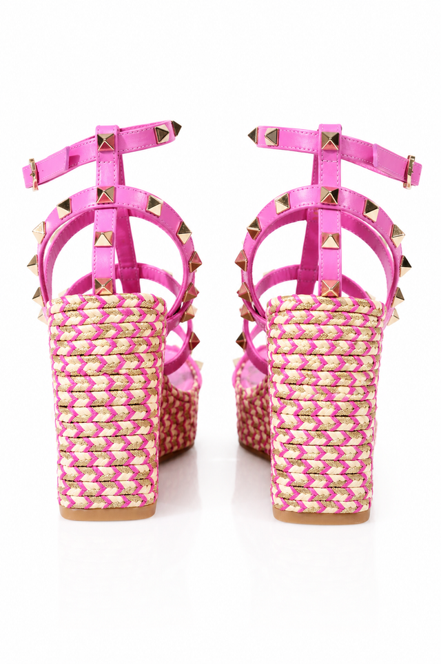 Valentino Garavani Rockstud Wedge Sandals in Pink & Gold