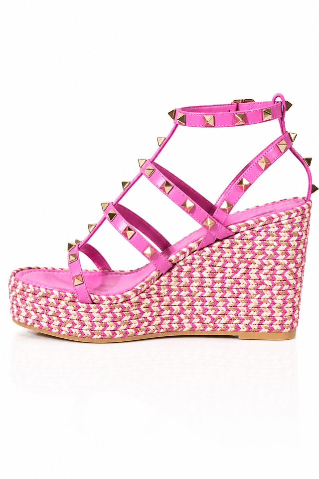 Valentino Garavani Rockstud Wedge Sandals in Pink & Gold