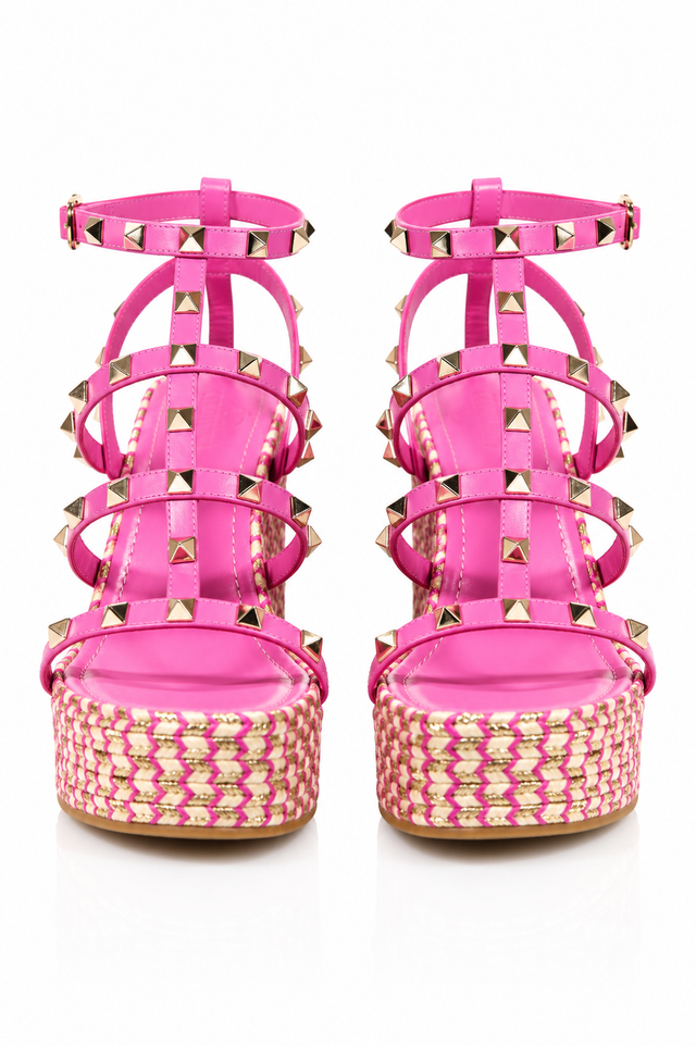 Valentino Garavani Rockstud Wedge Sandals in Pink & Gold