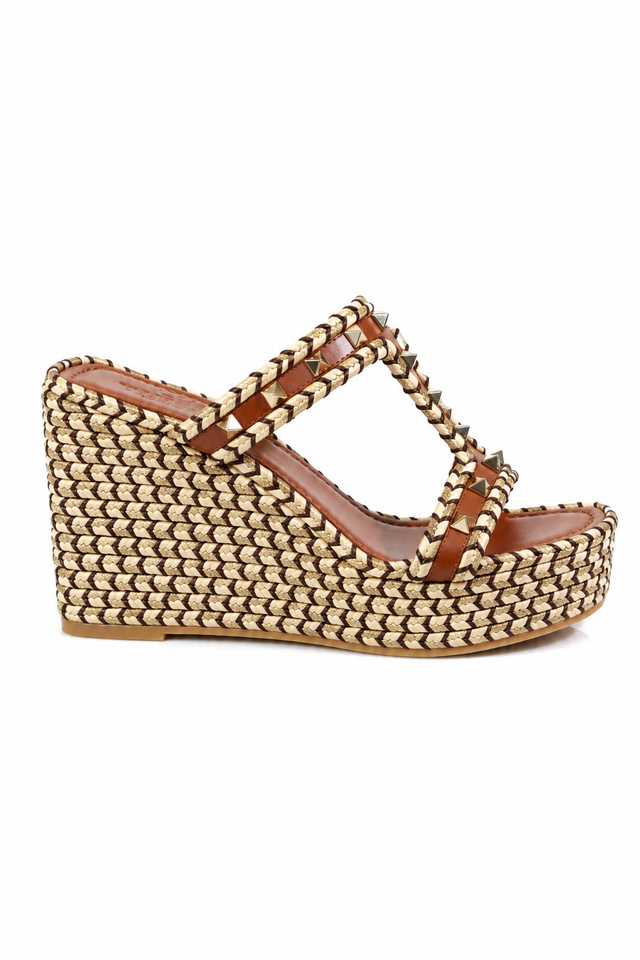 Valentino Garavani Rockstud Braided Wedge Sandals in Tan