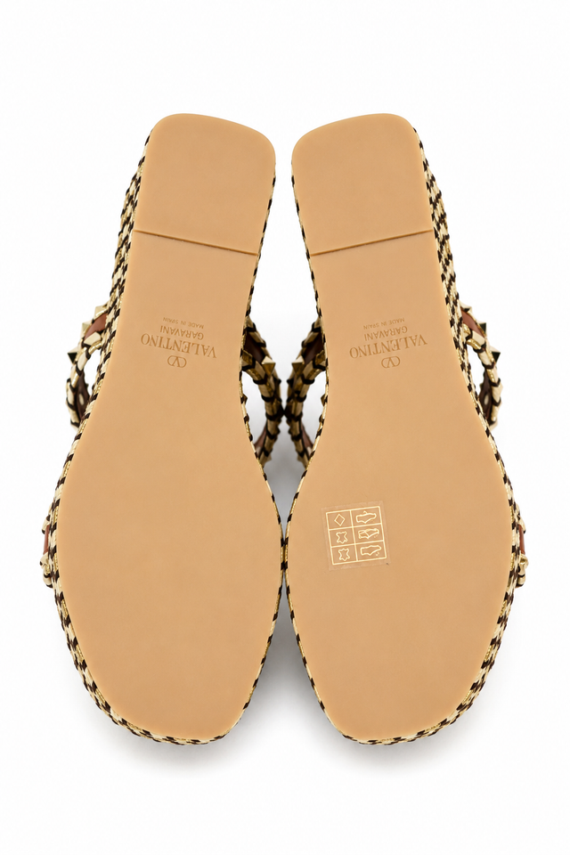 Valentino Garavani Rockstud Braided Wedge Sandals in Tan