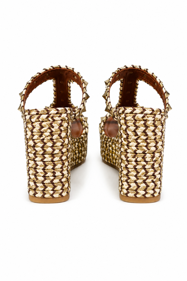 Valentino Garavani Rockstud Braided Wedge Sandals in Tan
