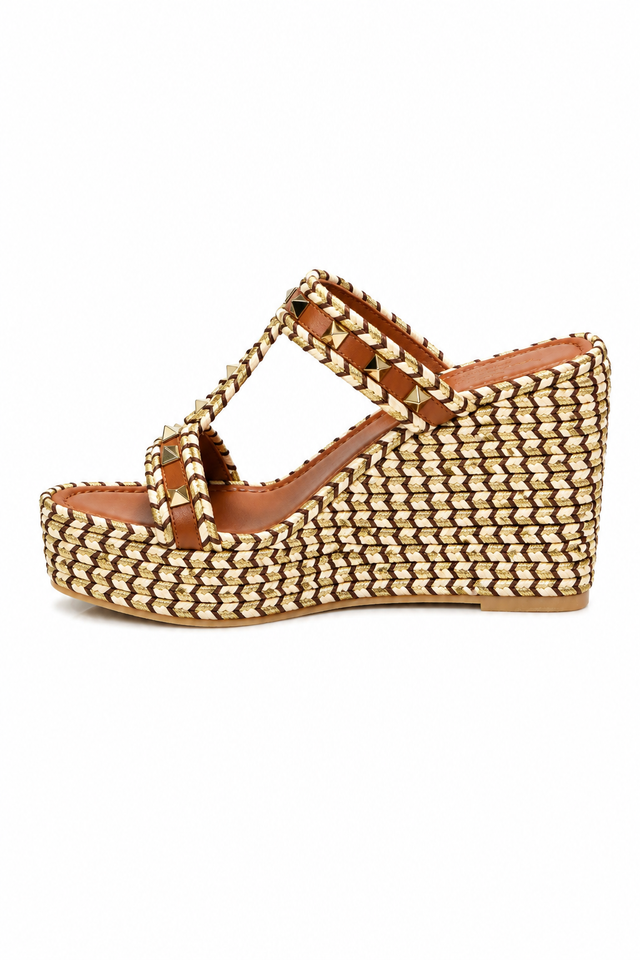 Valentino Garavani Rockstud Braided Wedge Sandals in Tan