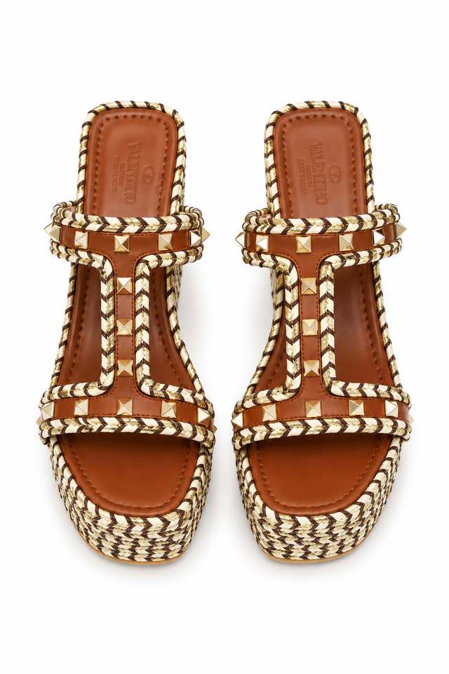Valentino Garavani Rockstud Braided Wedge Sandals in Tan
