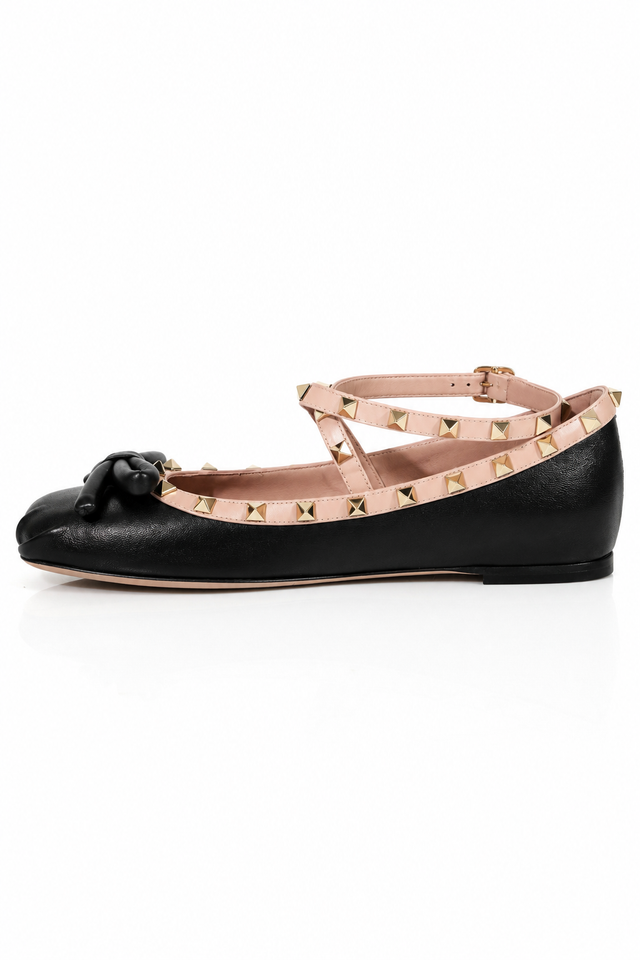 Valentino Garavani Rockstud Bow Ballet Flats in Black & Blush