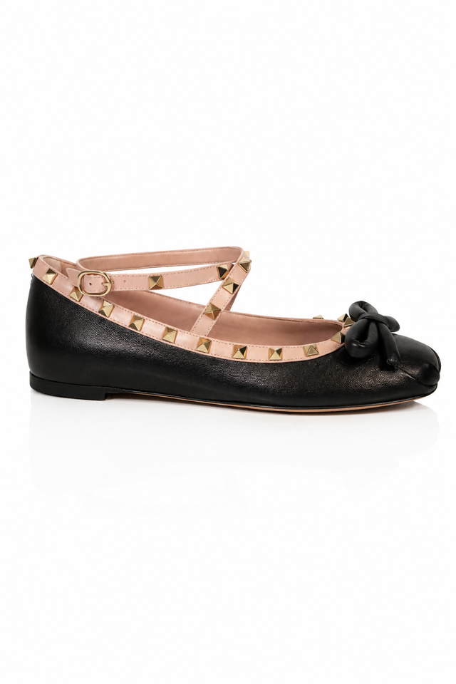 Valentino Garavani Rockstud Bow Ballet Flats in Black & Blush