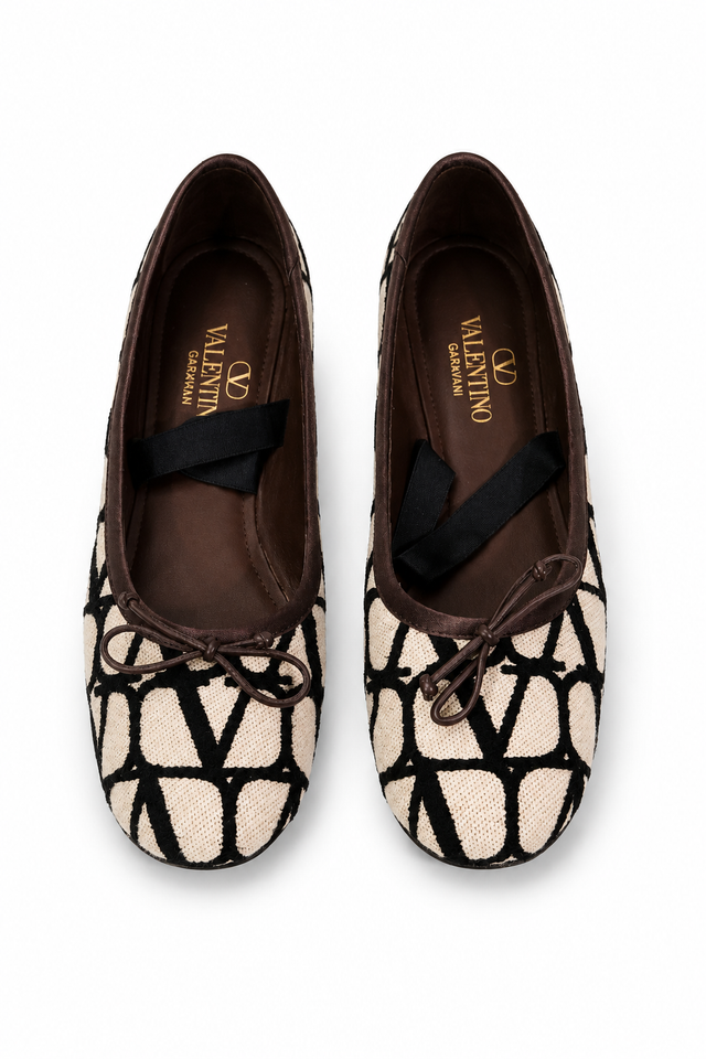 Valentino Garavani Printed Canvas Ballet Flats with Leather Trim